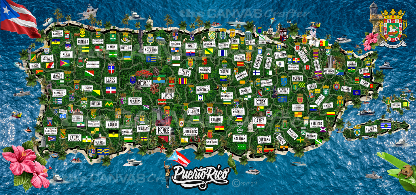 PR Island with towns / PR isla con pueblos