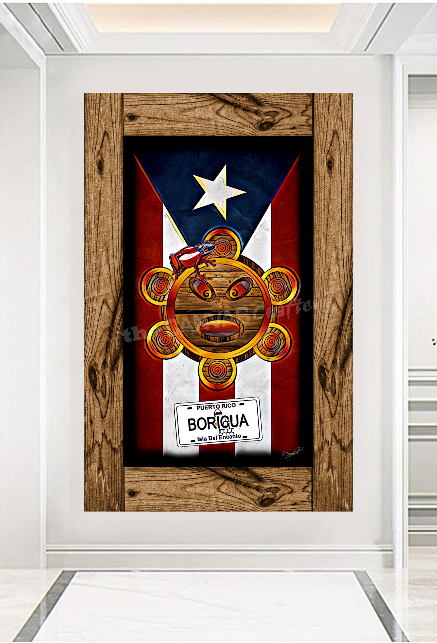 PR Flag Taino Sun License Plate Boricua Painted Rustic Frame