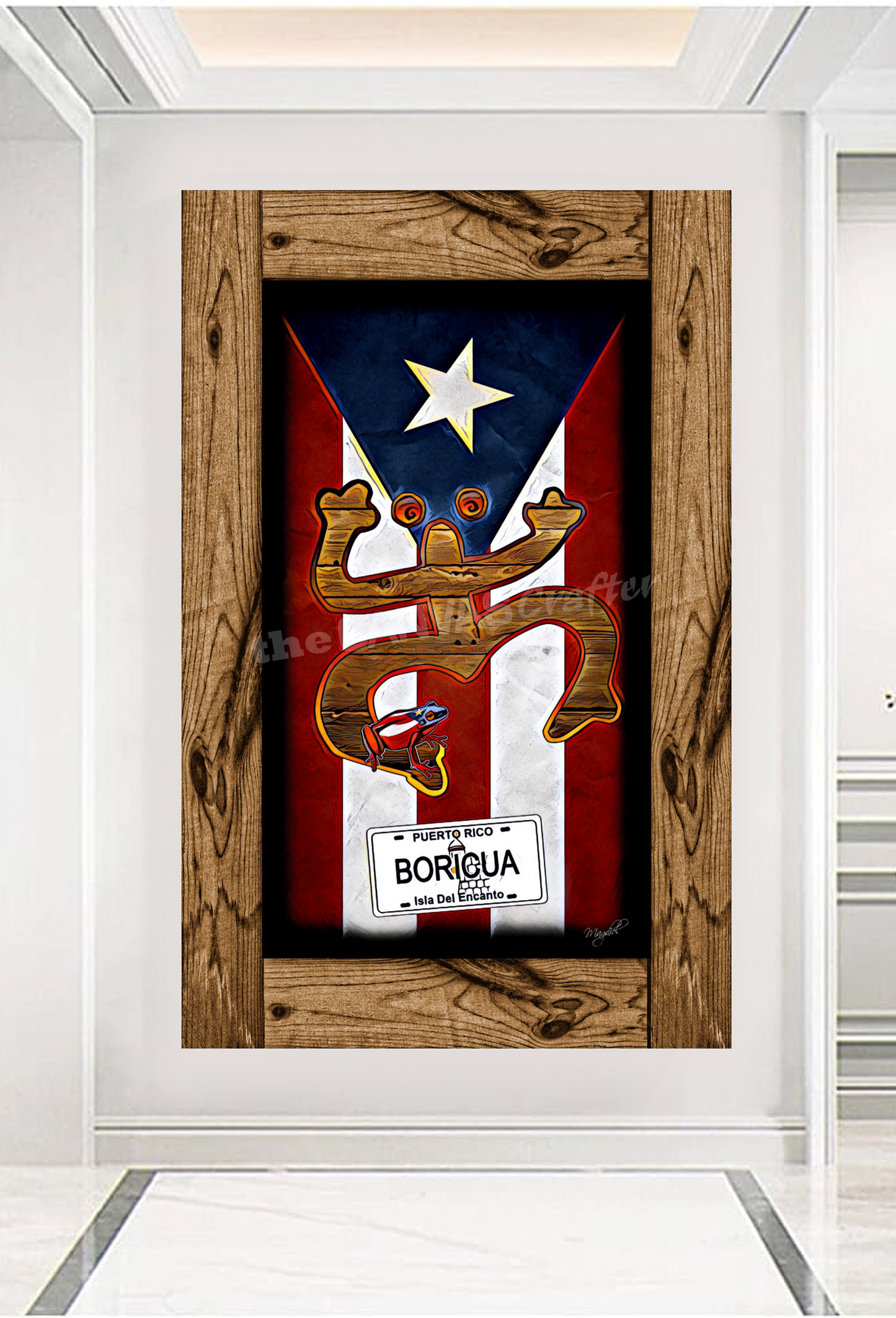 PR Flag Coqui Taino License Plate Boricua Painted Rustic Frame / Coqui Taino con tablilla Boricua y marco rustico pintado