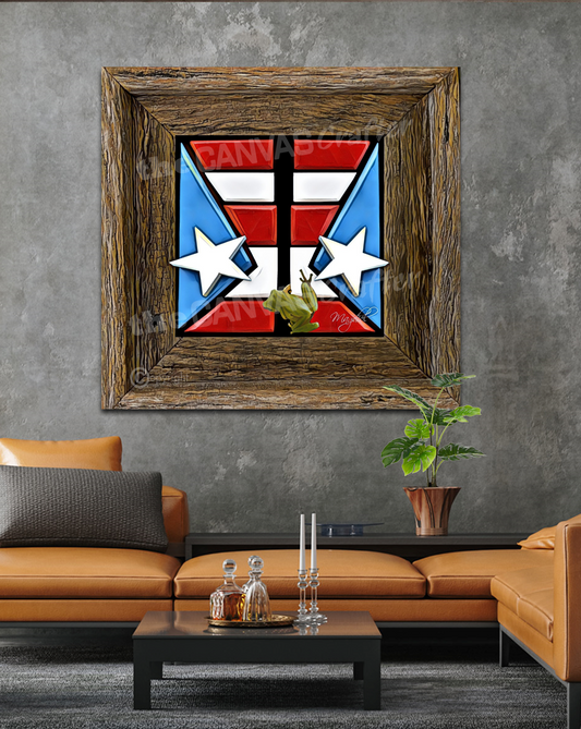 PR Flag Double with Coqui 3D Old Brown Painted Frame