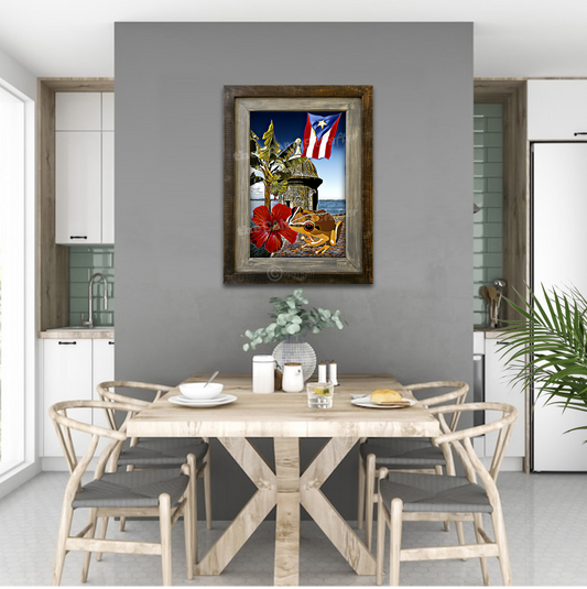 Coqui with Painted Wood Frame in Brown and Grey / Coquí con marco en madera color marrón y gris