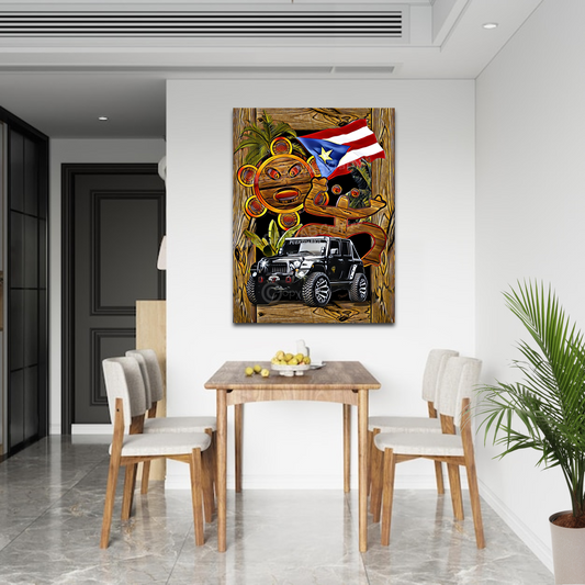 Jeep Black Taino Symbols Rustic Painted Frame / Jeep Negro Símbolos Taino con Marco Rustico