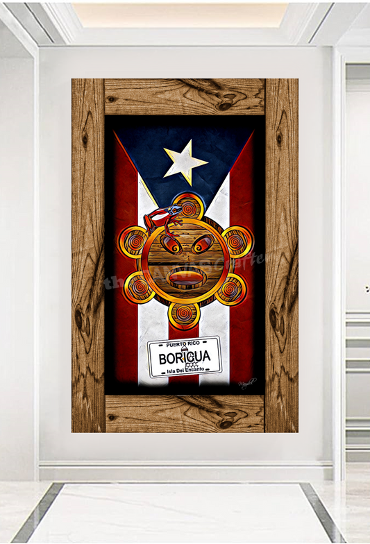 PR Flag Taino Sun License Plate Boricua Painted Rustic Frame