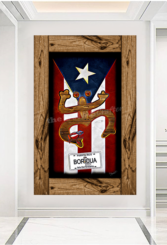 PR Flag Coqui Taino License Plate Boricua Painted Rustic Frame / Coqui Taino con tablilla Boricua y marco rustico pintado