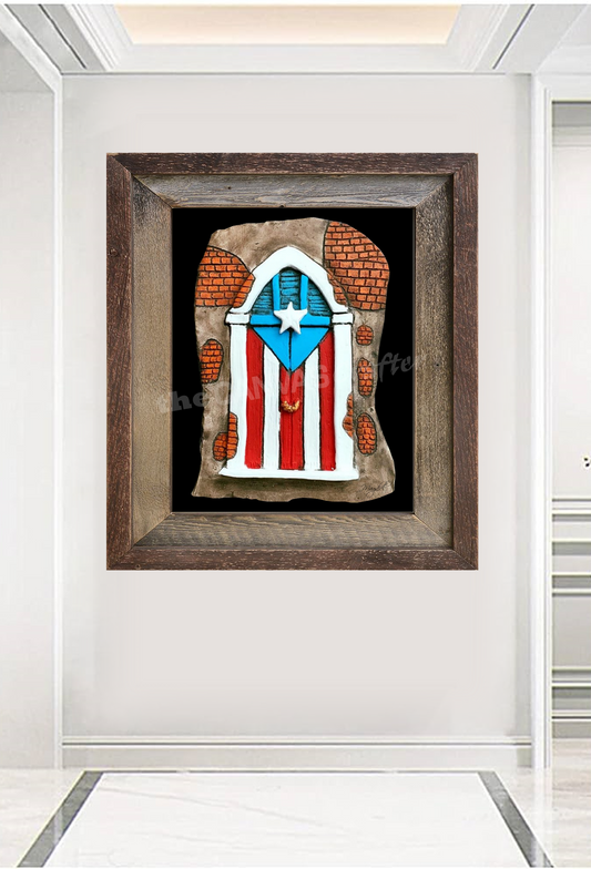 PR Flag Clay Door Old San Juan with Painted Frame / Bandera Puerto Rico Puerta de barro Viejo San Juan